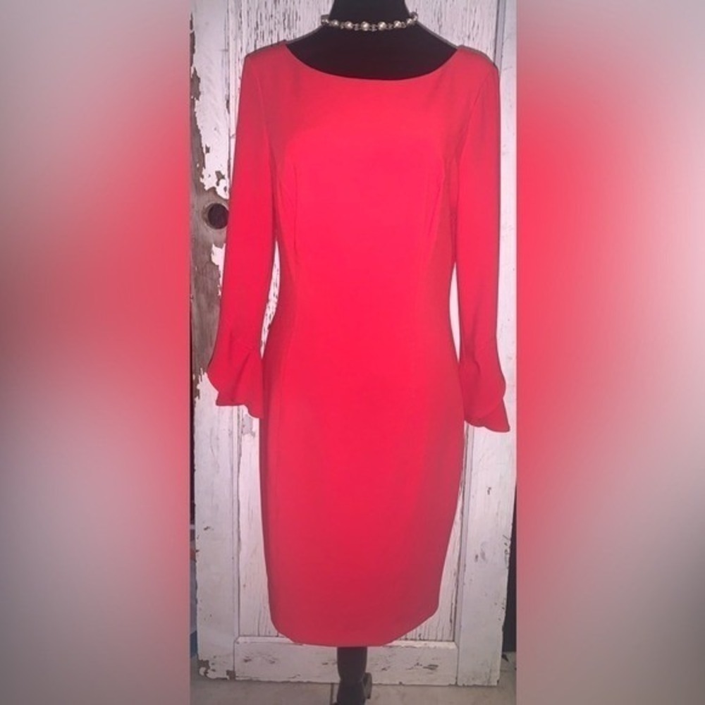White House Black Market WHBM Red Sheath Dress Bell Sleeve Career Cocktail S-6